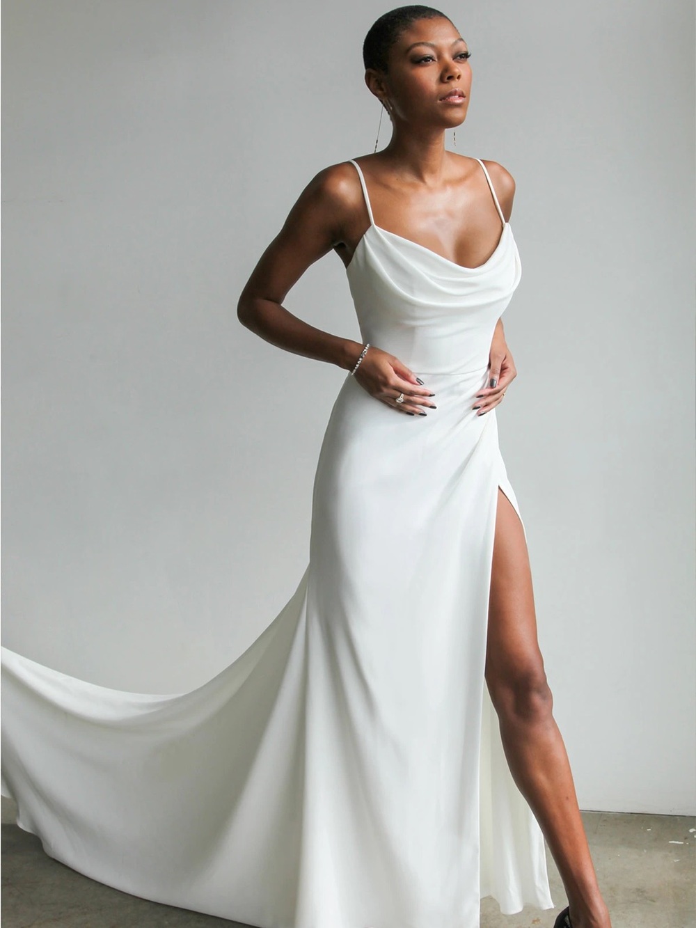 Essence of Australia 3589 Elegant White Slip Gown with Cowl Neck and Thigh Slit